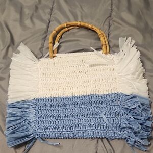 Caterina BERTINI Italy Stylish White and Blue Woven Bag with Bamboo Handles